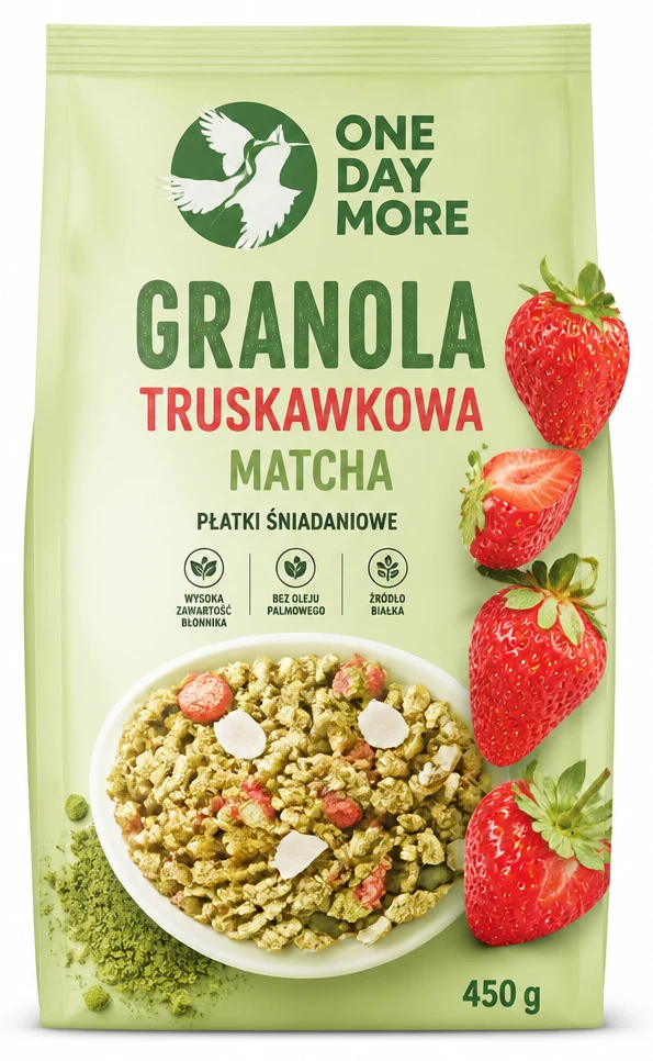 ONE DAY MORE Płatki śniadaniowe Granola Truskawkowa Matcha lub Musli Ube