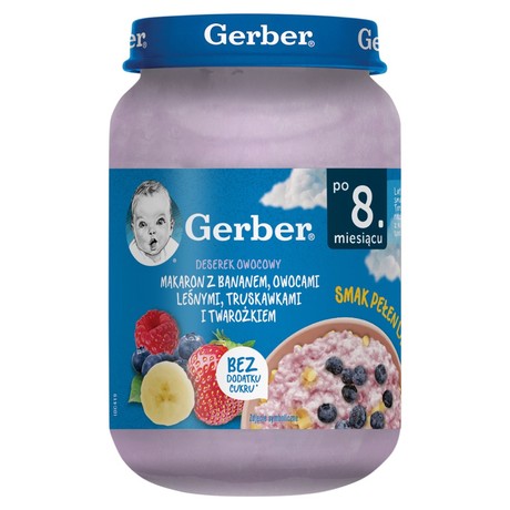 Gerber Makaron z bananem owocami leśnymi truskawkami i twarożkiem po 8. miesiącu 190 g