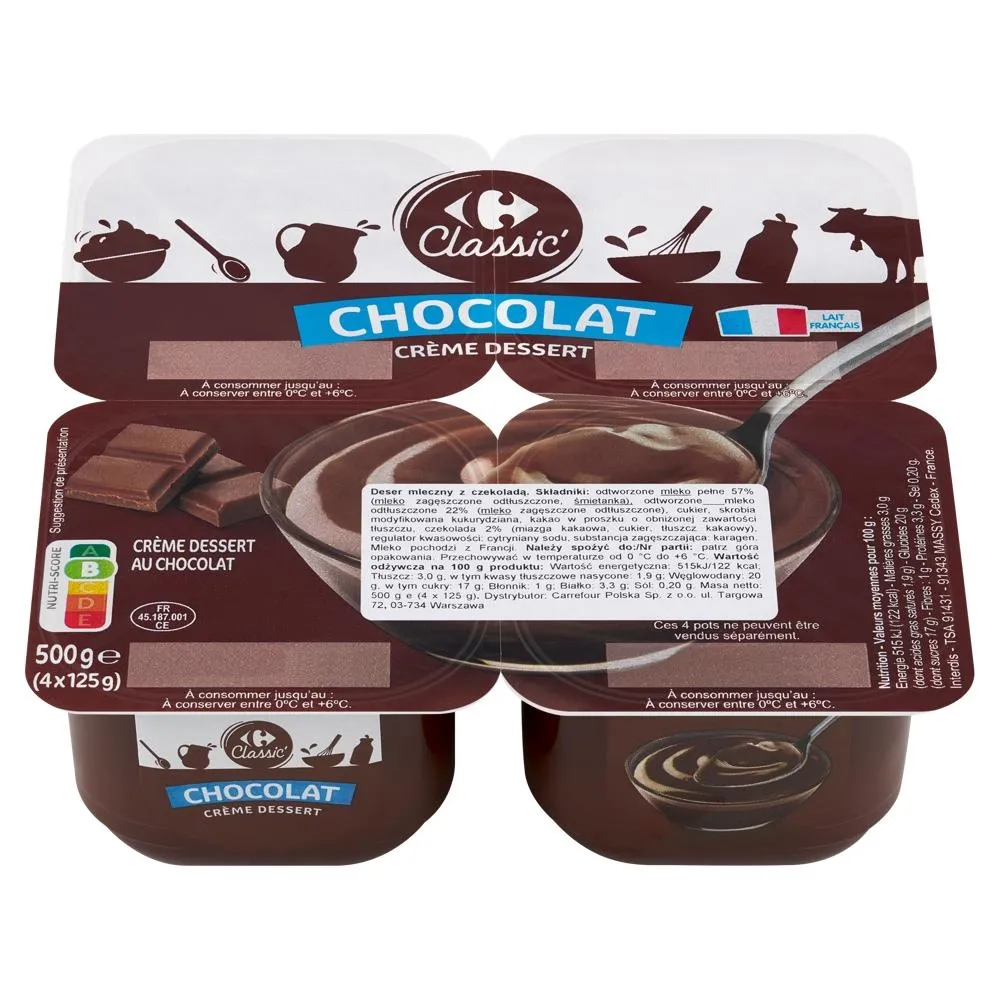 Carrefour Classic Deser mleczny z czekoladą 500 g (4 x 125 g)